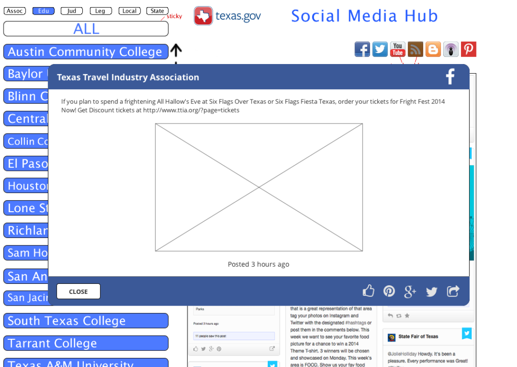 Low fidelity mockup for individual post on social media hub design