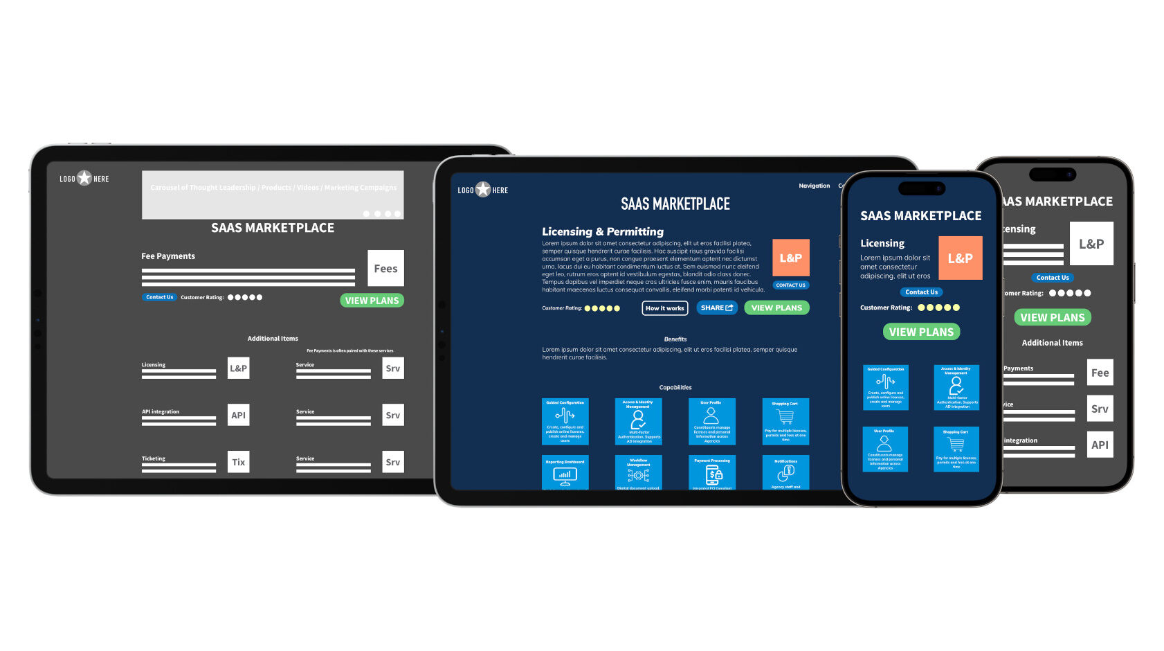 SaaS Marketplace screens on mobile and tablet devices