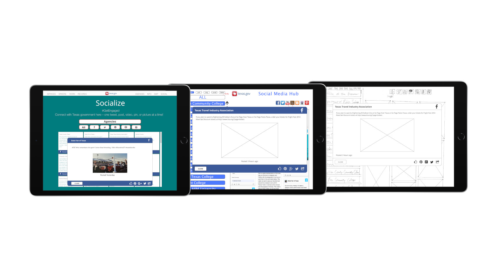 The development process of the Social Media Hub sharing window moving from wireframe to mockup to production show on tablets