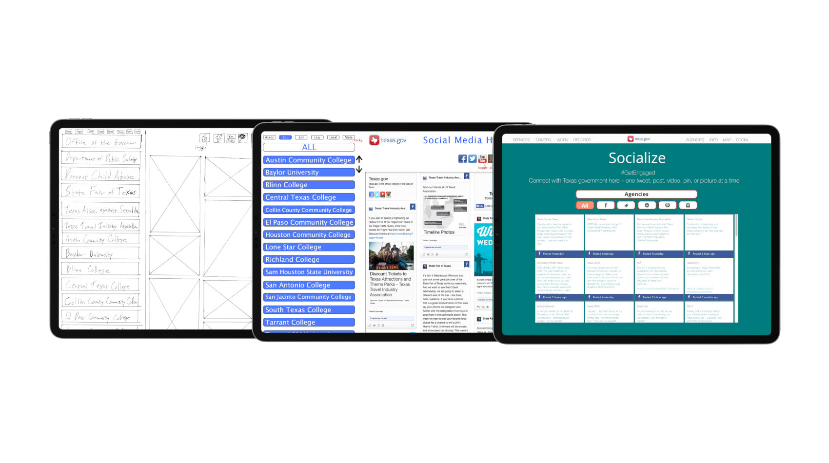 The development process of the Social Media Hub moving from wireframe to mockup to production shown on tablets