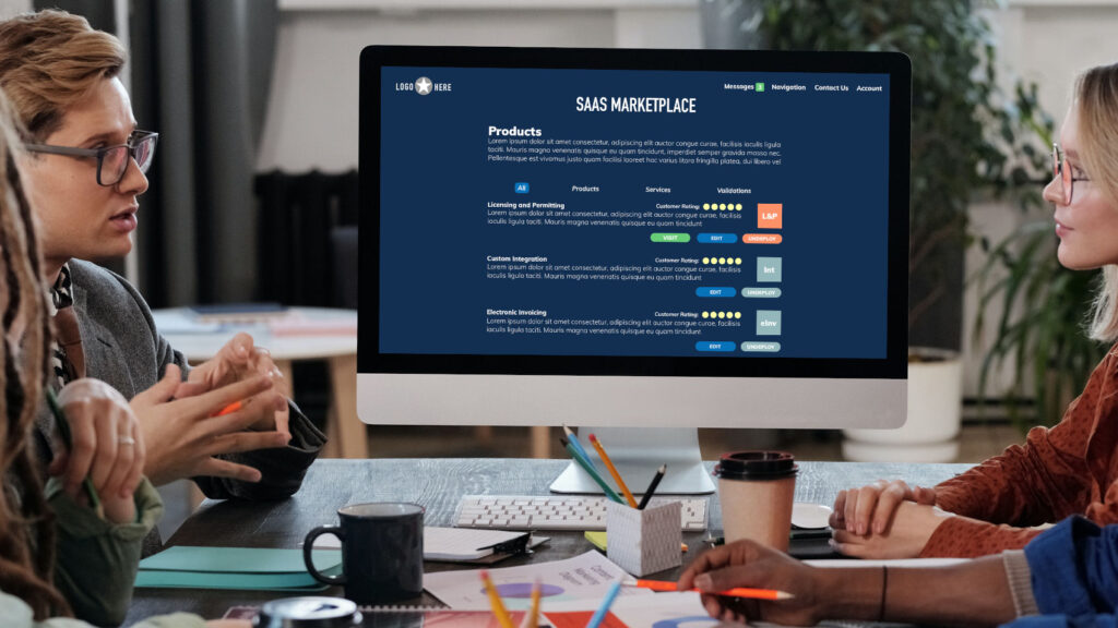 A group of people in an office using the SaaS Marketplace